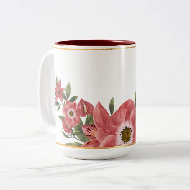 Gold Rimmed Floral  Two-Tone Coffee Mug (Front Left)