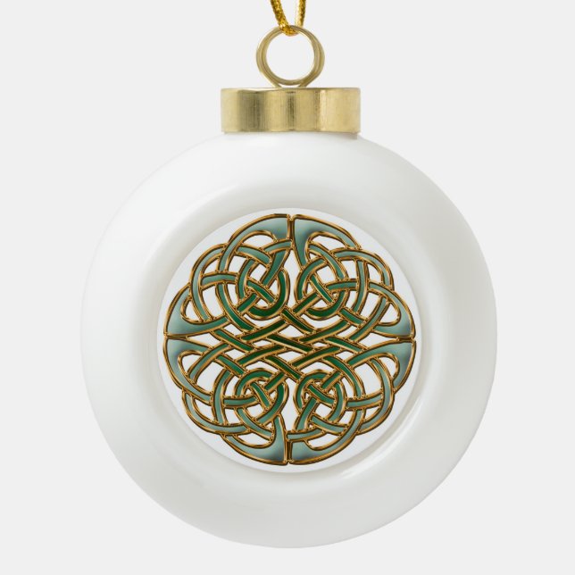 Gold rimmed green Celtic knot Ceramic Ball Christmas Ornament (Front)