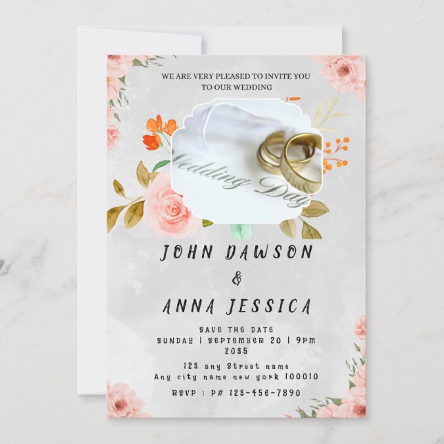 Gold ring pink rose modern background wedding  invitation (Front)