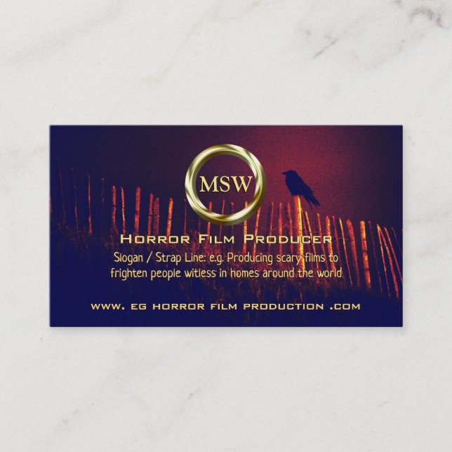Gold Ring, Raven on Fence, Horror Film Producer Business Card (Front)