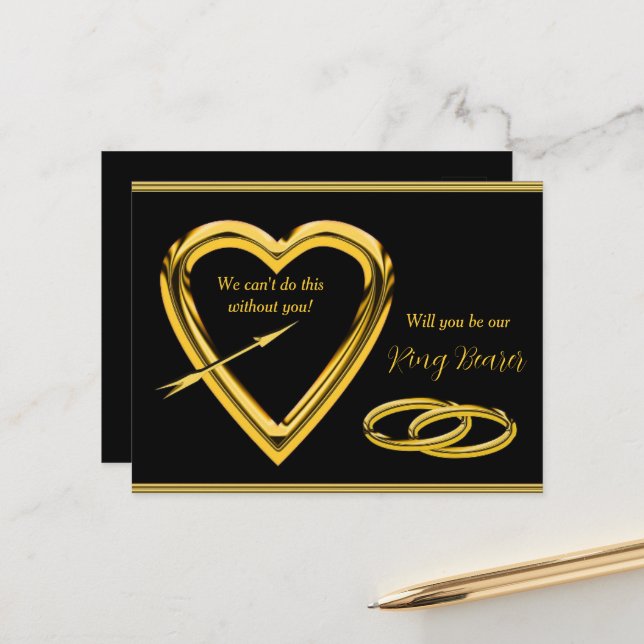 Gold Rings and Gold Heart Ring Bearer Invitation  (Front/Back In Situ)