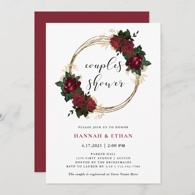Gold Rings and Red Roses | Couples Shower Invitation (Front/Back)