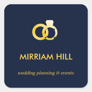 Gold rings dark blue wedding planner square sticker