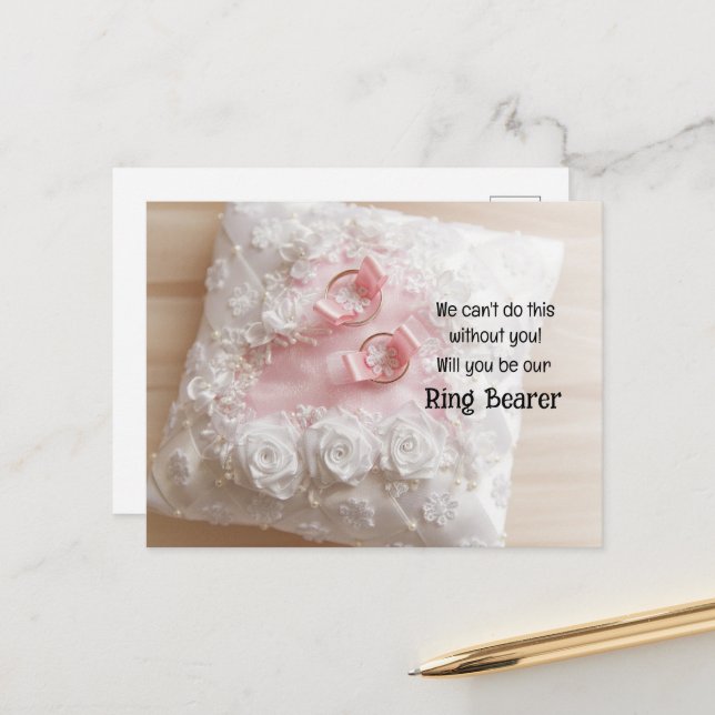 Gold Rings On A Satin Pillow Ring Bearer Announcement Postcard (Front/Back In Situ)