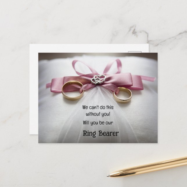Gold Rings On A Satin Pillow Ring Bearer Announcement Postcard (Front/Back In Situ)
