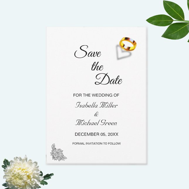 Gold Rings on Black White Wedding Save the Date Card (Creator Uploaded)