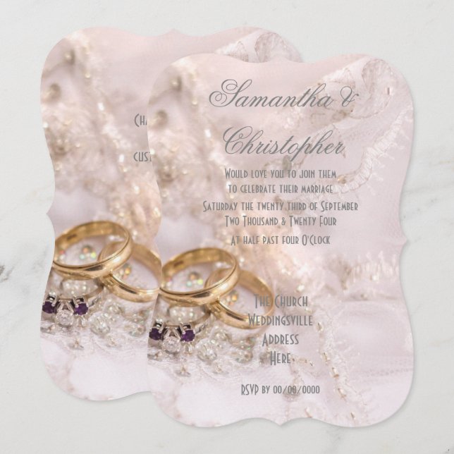 Gold rings on brides dress wedding invitation (Front/Back)