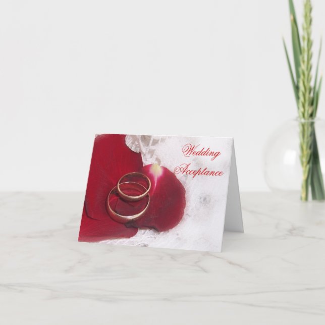 Gold Rings Rose Petals Wedding Acceptance Thank You Card (Front)