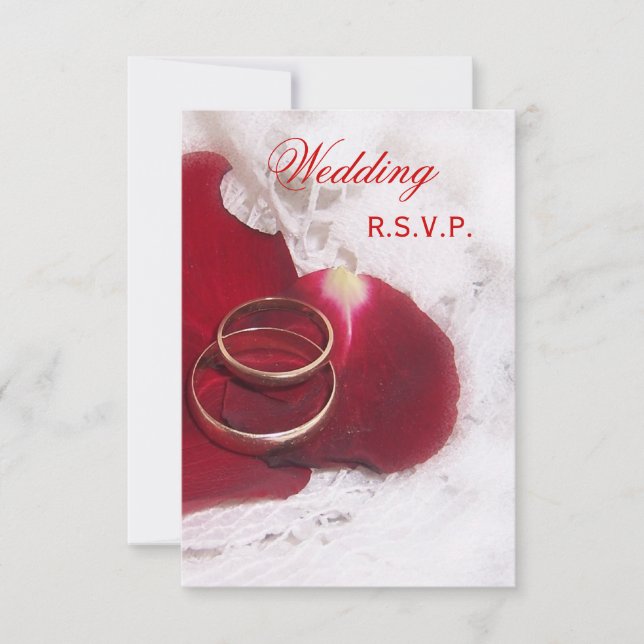 Gold Rings Rose Petals Wedding RSVP Card (Front)