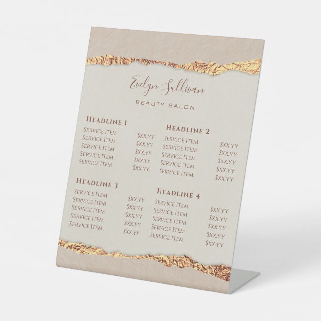 Gold Ripped Paper Price List Pedestal Sign (Front)