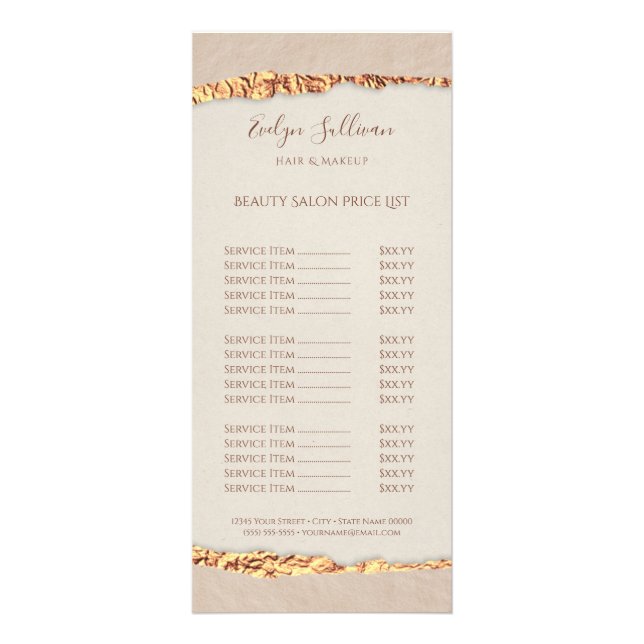Gold ripped paper price list rack card (Front)