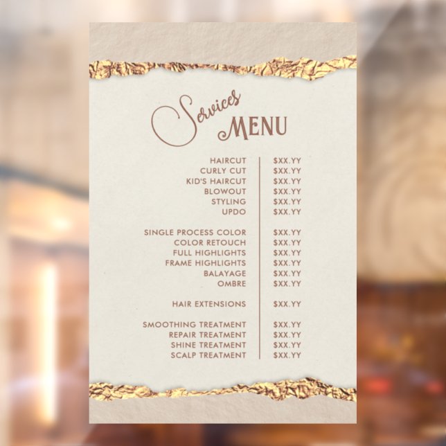 Gold Ripped Paper Services Menu Window Cling (Sheet 2)