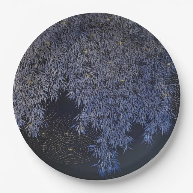Gold Ripples Blue-hued Leafs Intricately Barbeque Paper Plate (Front)