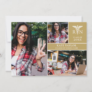 Gold RN Nursing 3 Photo Graduation Party Invitatio Invitation