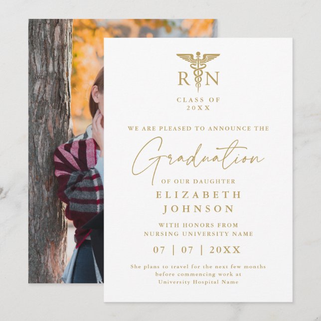 Gold RN Nursing Graduation Photo Announcement (Front/Back)