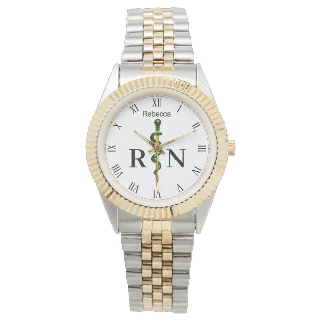 Gold Rod of Asclepius Green Medical Nurse RN Watch (Front)