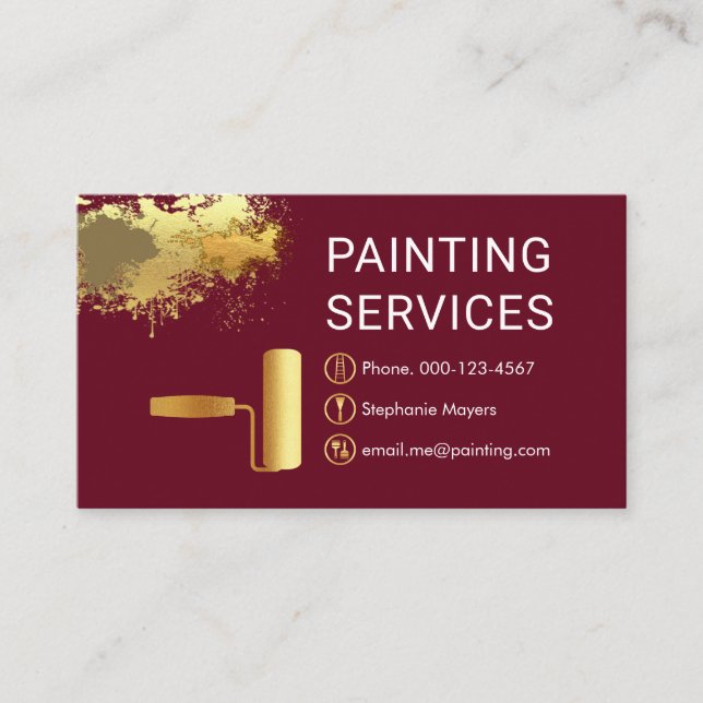 Gold Roller Brush On Paint Splatter Painter Business Card (Front)