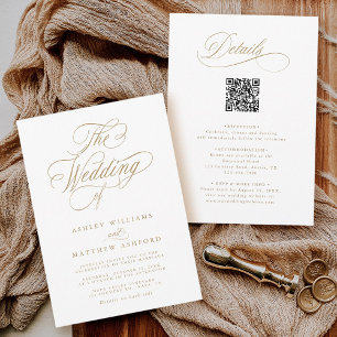 Gold Romantic Calligraphy All In One Wedding Invitation