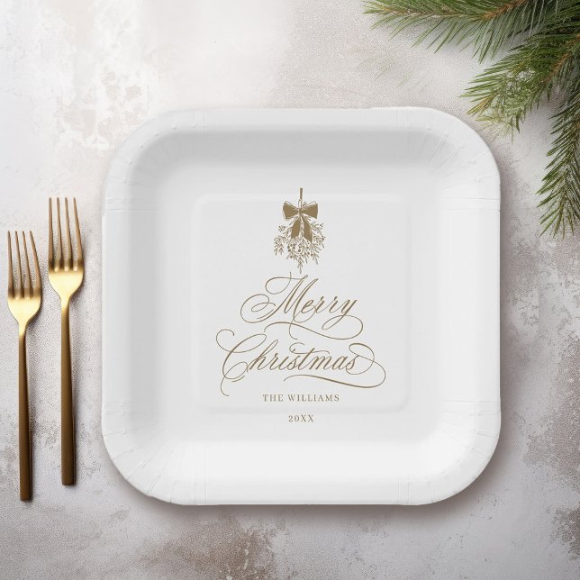 Gold Romantic Calligraphy Merry Christmas Holiday Paper Plate (Creator Uploaded)
