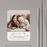 Gold Romantic Calligraphy Merry Christmas Photo Magnet<br><div class="desc">Romantic and elegant holiday photo kitchen magnet.  For more advanced customisation of this design,  please click the Customise Further link to change the font,  size,  colour,   etc.</div>