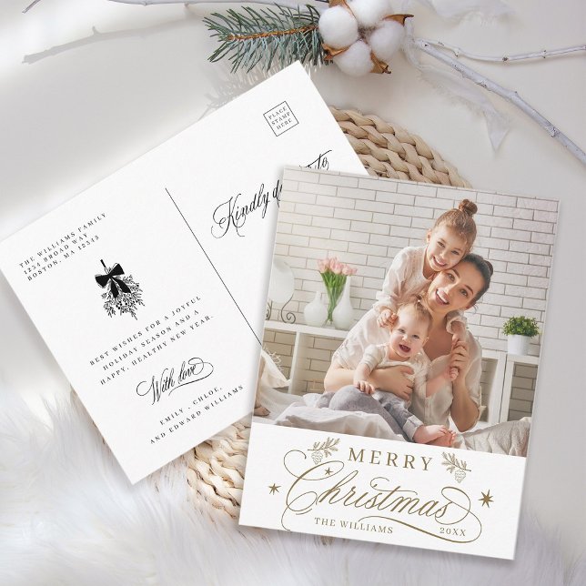Gold Romantic Calligraphy Merry Christmas Photo Postcard (Front & Back)