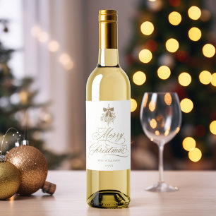 Gold Romantic Calligraphy Merry Christmas  Wine Label