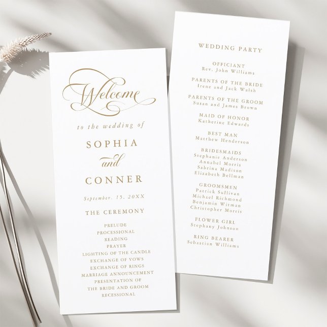 Gold Romantic Calligraphy Wedding Ceremony Programme (Front & Back)