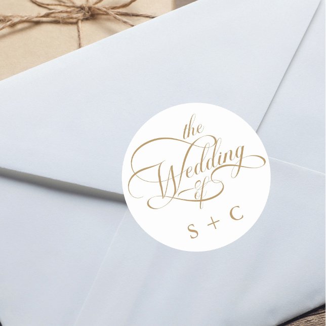 Gold Romantic Classy Calligraphy Wedding Classic Round Sticker (Creator Uploaded)