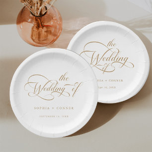 Gold Romantic Classy Calligraphy Wedding Paper Plate