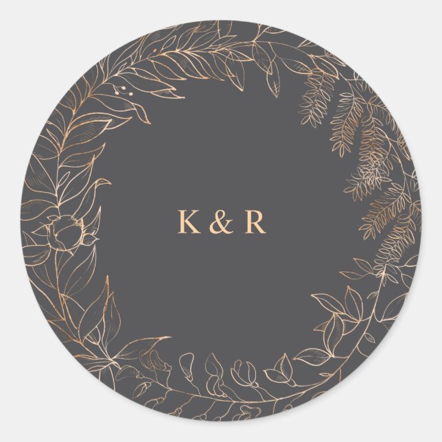 gold romantic floral monogram wedding classic round sticker (Front)
