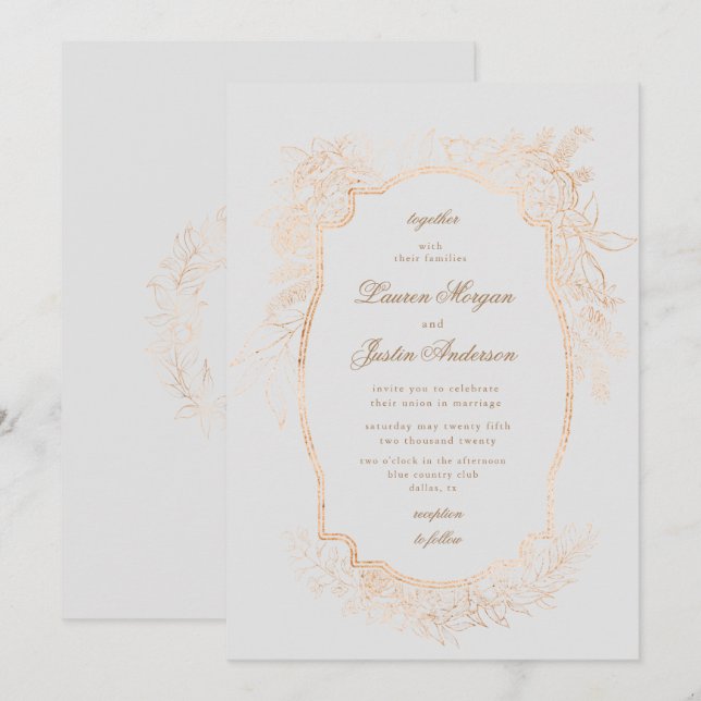 gold romantic floral traditional Wedding Invitation (Front/Back)