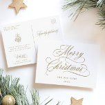 Gold Romantic Merry Christmas Script Holiday Postcard<br><div class="desc">This simple Christmas postcard features elegant and romantic swirly calligraphy lettering with a winter holly berry bouquet and custom text on the back. For more advanced customisation of this design,  please click the BLUE DESIGN TOOL BUTTON above!</div>
