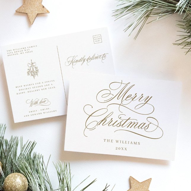 Gold Romantic Merry Christmas Script Holiday Postcard (Front & Back)