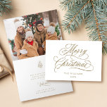 Gold Romantic Merry Christmas Script Photo Folded Holiday Card<br><div class="desc">This Christmas photo folded card features elegant and romantic swirly calligraphy lettering with a winter holly berry bouquet and a photo inside. For more advanced customisation of this design,  please click the BLUE DESIGN TOOL BUTTON above!</div>