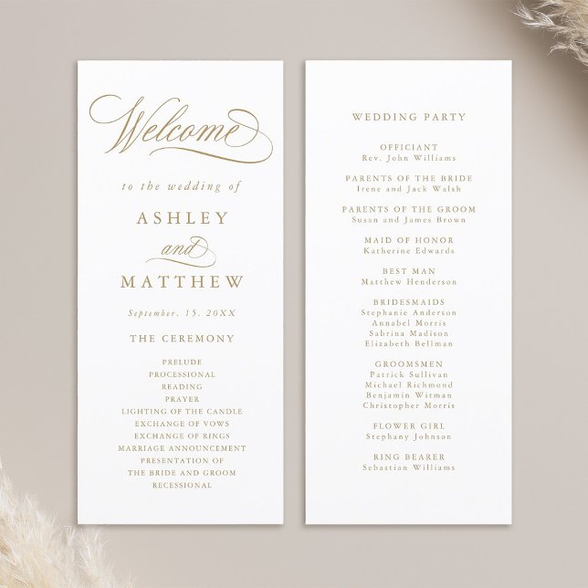 Gold Romantic Swirly Calligraphy Wedding Ceremony Programme (Front & Back)