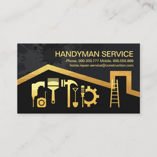 Gold Roof Handyman Tools Paint Splatter Business Card (Front)