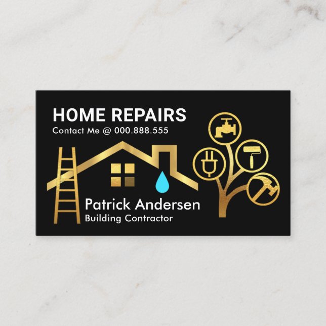 Gold Roof Ladder Building Tools Tree Business Card (Front)