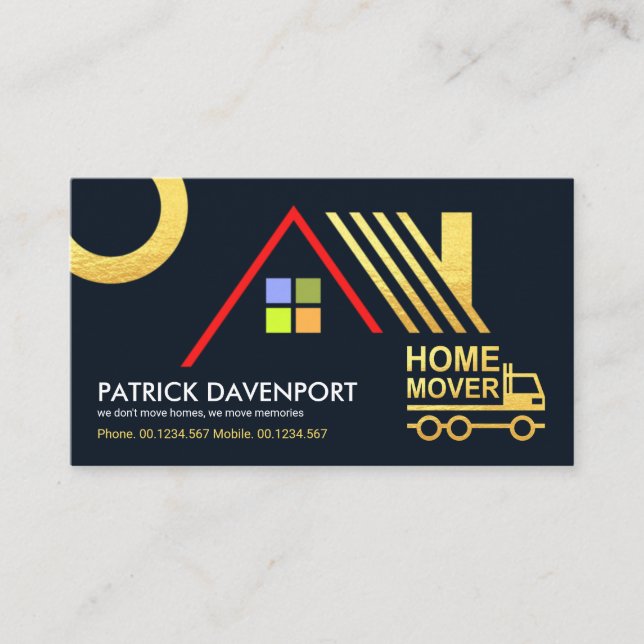 Gold Roof Towed by Home Moving Truck Business Card (Front)