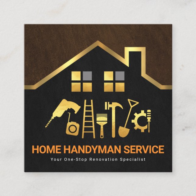 Gold Rooftop Handyman Tools Border Square Business Card (Front)