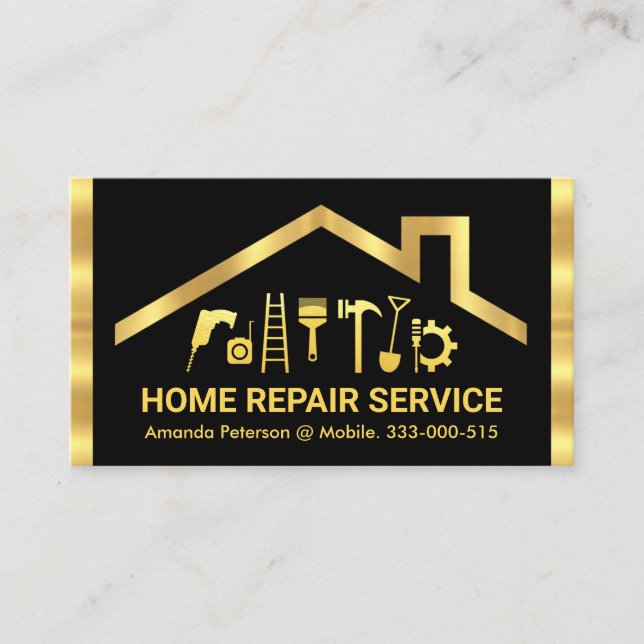 Gold Rooftop Handyman Tools Stripes Business Card (Front)