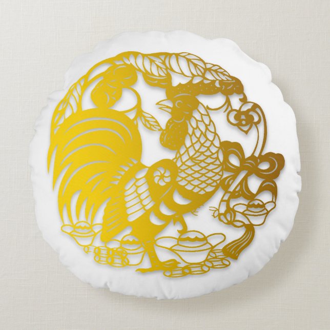 Gold Rooster Papercut Chinese Year Zodiac BirthD P Round Cushion (Front)