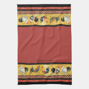 Gold Roosters Red & Tan Check Swirl Kitchen Tea Towel