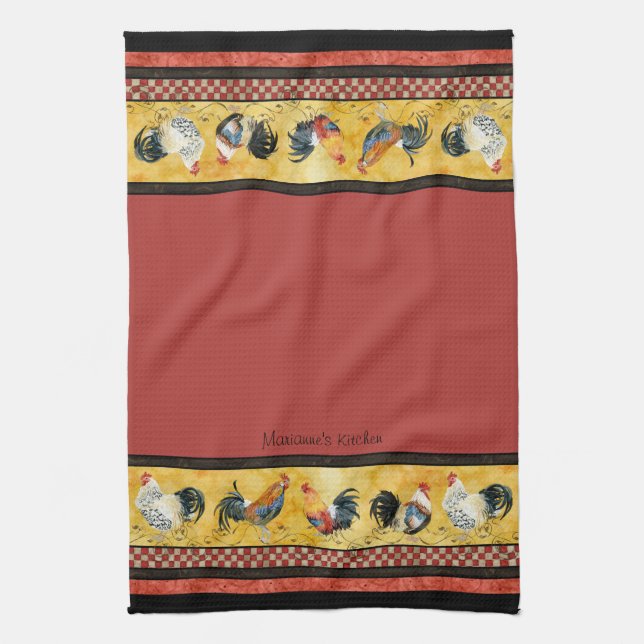 Gold Roosters Red & Tan Check Swirl Kitchen Tea Towel (Vertical)