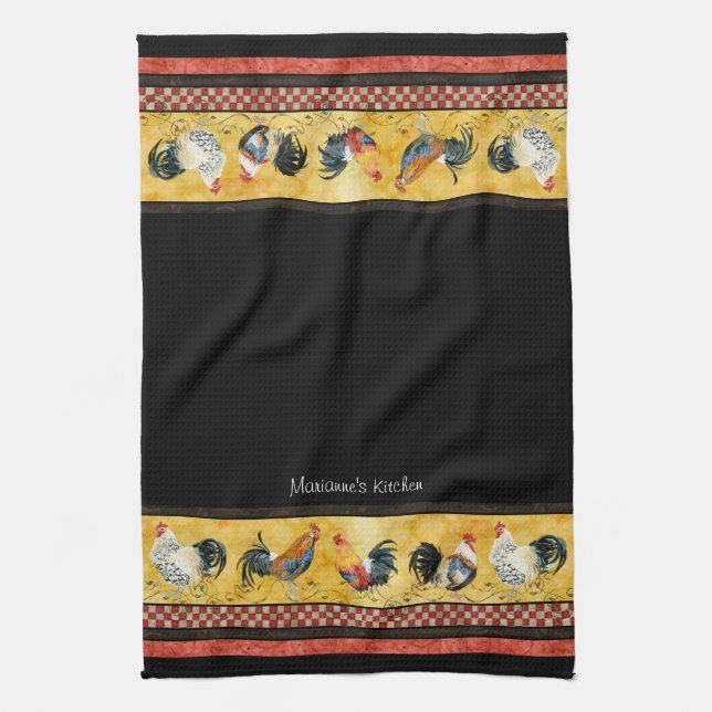 Gold Roosters Red & Tan Check Swirl Kitchen Tea Towel (Vertical)