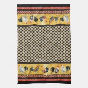 Gold Roosters Red & Tan Check Swirl Kitchen Tea Towel