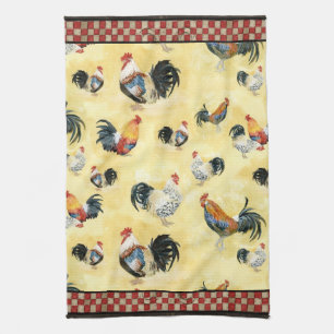 Gold Roosters Red & Tan Check Swirl Kitchen Tea Towel