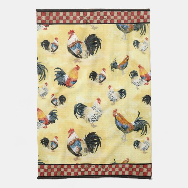 Gold Roosters Red & Tan Check Swirl Kitchen Tea Towel (Vertical)