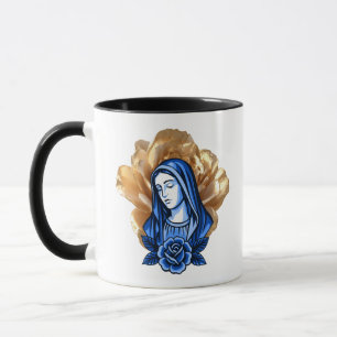 Gold Rose Blue Mother Mary Catholic Christian Gift Mug