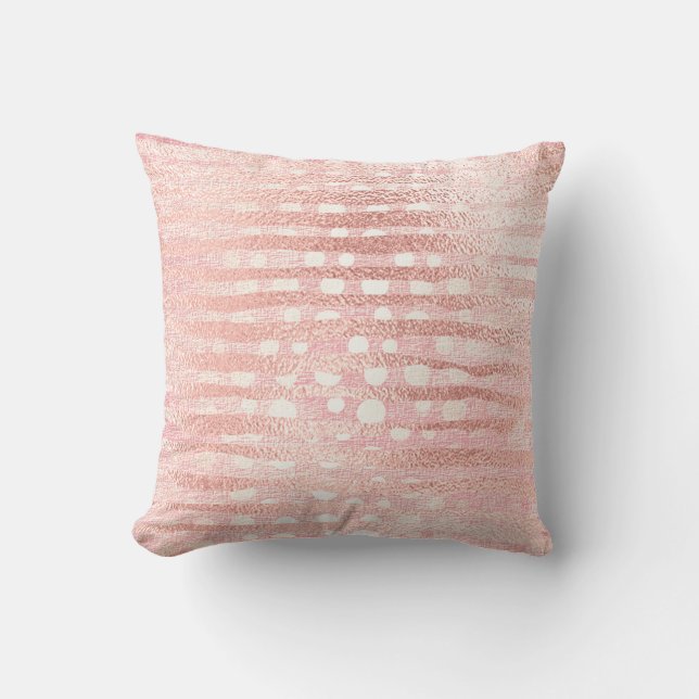 Gold Rose Blush Pink Metallic Stripes Lines White Cushion (Front)