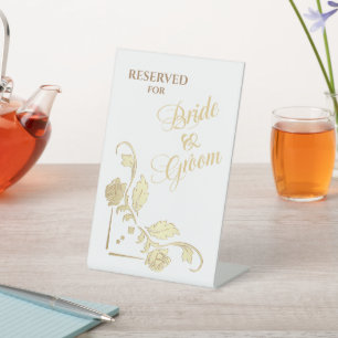 Gold Rose Border Bride and Groom Reserved Pedestal Sign